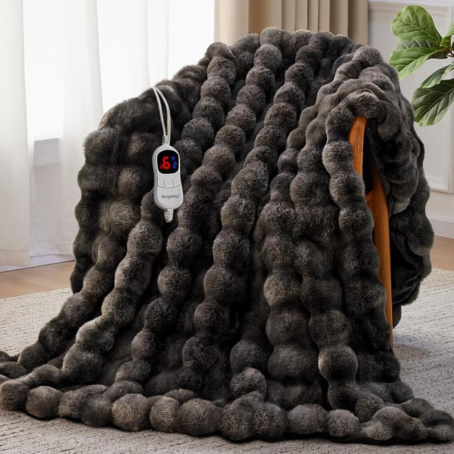 Anysay Heated Blanket Queen Size with 1/2/4/6/8 Hours Auto-Off 10 Heat Level, 72'' * 84'' Cozy Faux Rabbit Fur Bubble Electric Blanket with Overheat Protection(Tie-Dye Dark Grey)
