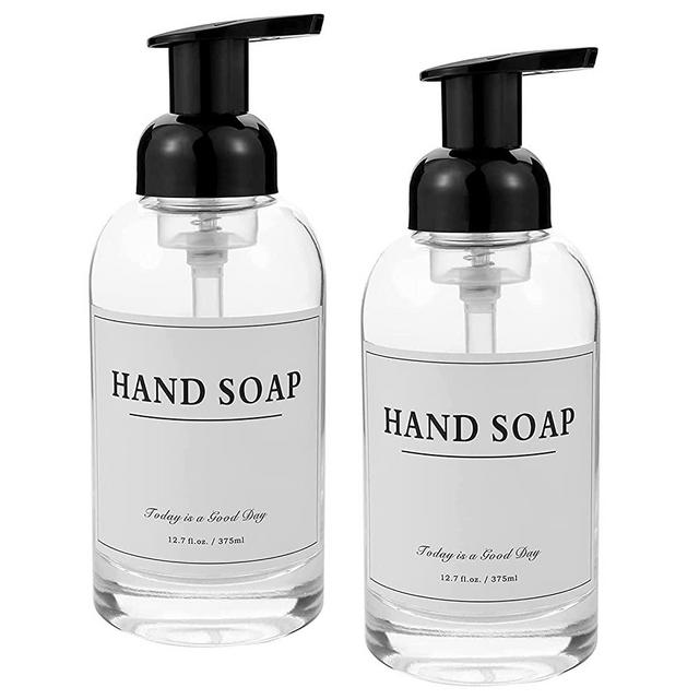 rejomiik Foaming Soap Dispenser Thick Glass Foam Hand Soap Dispenser for Bathroom or Kitchen Sink, 12.7 oz Clear Pump Bottles for Hand soap, Body Wash, Black 2 Pack