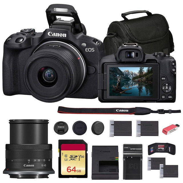 Canon EOS R50 Mirrorless Camera with 18-45mm Lens (Black) (5811C012) + 64GB Memory Card + Bag + Charger + LPE17 Battery + Card Reader + Memory Wallet + Cleaning Kit