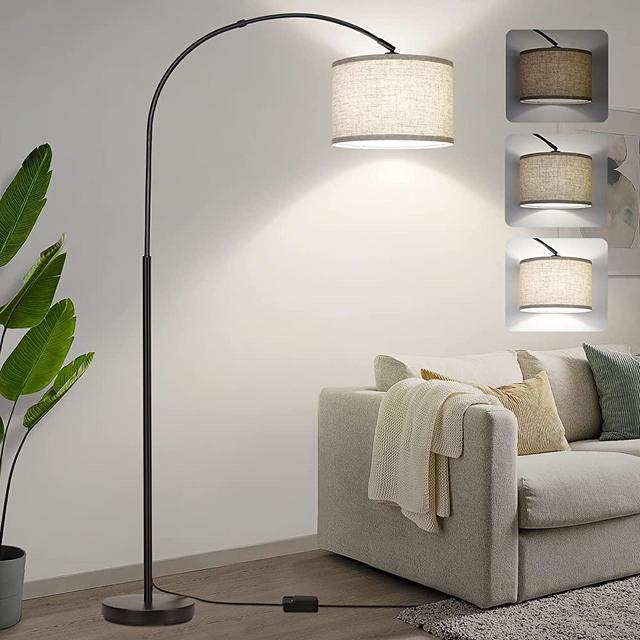 Dimmable Floor Lamp, Arc Floor Lamp with Dimmer, Black Standing Lamp with Adjustable Hanging Shade, Over Couch Tall Reading Light, Modern Pole Lamp for Living Room Bedroom, 8W LED Bulb Include