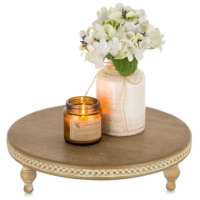 Hanobe Round Decorative Tray Stand: Beaded Vintage Wood Pedestal Risers Farmhouse Circle Display Holder for Coffee Table Home Decor Kitchen Bathroom Counter