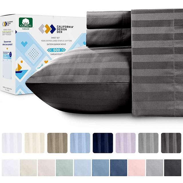California Design Den Dark Gray Queen Size Sheets - 500 Thread Count 4 Piece Bedding Set, 100% Extra Long Staple Combed Cotton, Dobby Damask Stripe Sateen Weave, Deep Pocket Fits Mattress 16 Inches