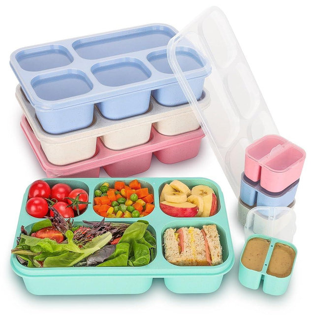 TOUWMX Bento Box Adult, 4 Pack 5 Compartments Meal Prep Container Reusable Food Storage Lunchable Containers with Sauce Containers, Snack Boxes For Adults Bento Box For Kids