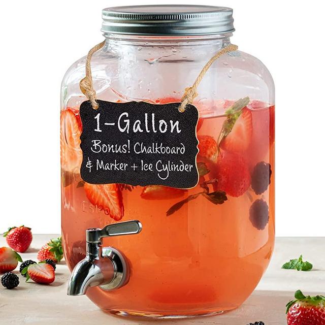 1 Gallon Glass Water Dispenser with Stainless Steel Spigot + Marker & Chalkboard, & Ice Cylinder - 100% Leakproof Beverage Dispenser Mason Jar Drink Dispenser Gallon Jug - Laundry Detergent Holder.