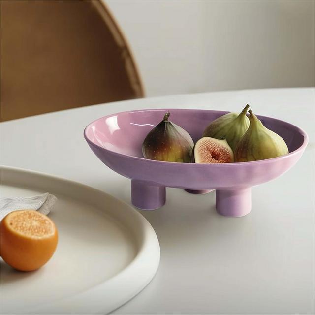 Seicasaya Three-Legs Ceramic Fruit Bowl, 10 Inch Large Candy and Key Bowl for Kitchen Counter, Home Decor - Oval Purple