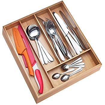 ✔ Premium, Extra Deep, Non-slip, 5-Slot Silverware Organizer| Bamboo Wood Utensil Drawer Organizer| Wooden Flatware Holder, Cutlery Tray, Kitchen Drawer Dividers by PRISTINE BAMBOO (9.8 x 13.5 x 2.4)
