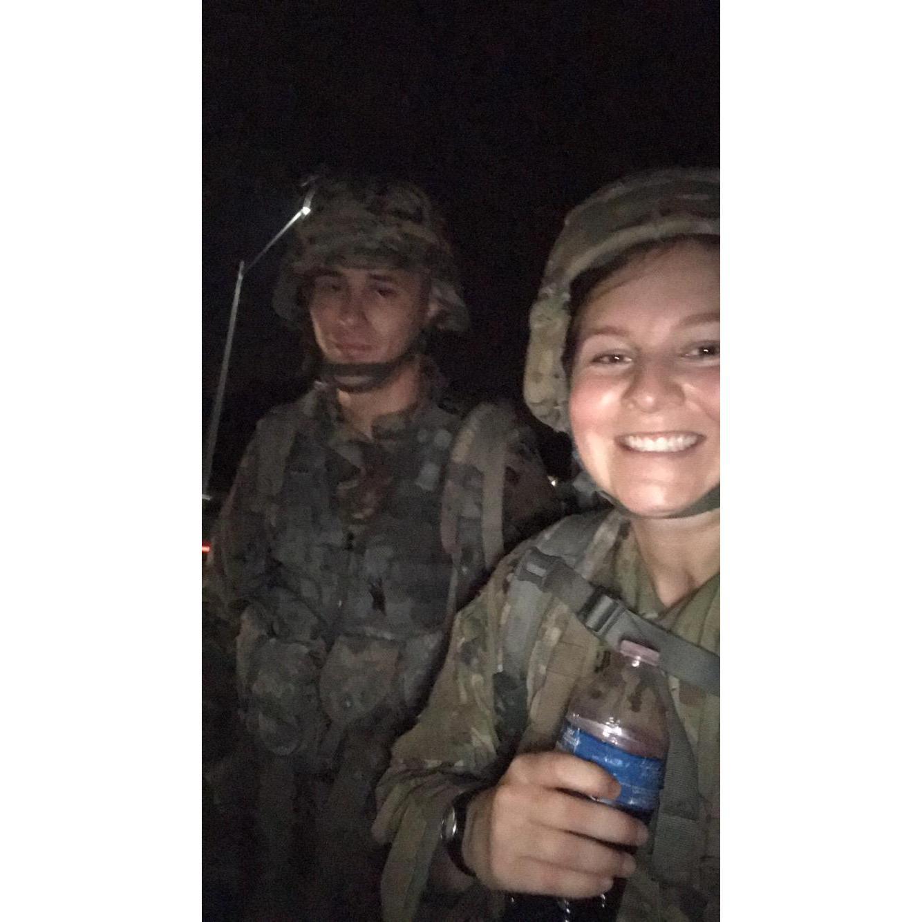 In our senior year, we had to ruck 12 miles together at 2am. I think we are both glad to say that ROTC is over!