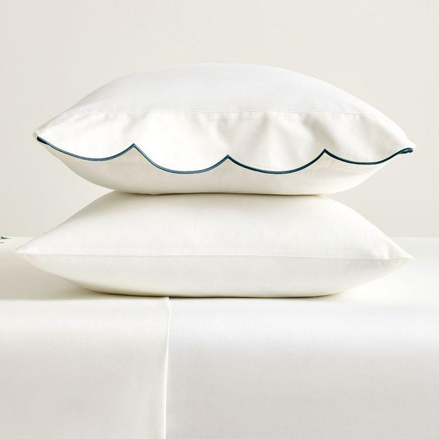 Scalloped Embroidered Pillowcases, White/Chambray, King, Set of 2
