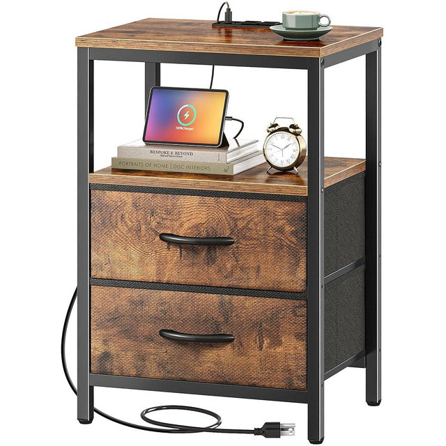 Huuger Nightstand with Charging Station, Side Table with Fabric Drawers, End Table with Open Shelf, Bedside Table with USB Ports and Outlets, Night Stand for Bedroom, Rustic Brown