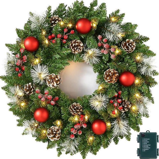 UMEEUTOO 24 Inch Pre-Lit Artificial Christmas Wreath for Front Door, Christmas Door Decorations Wreath with LED Warm Lights, Balls, Pine Needles, and Red Berries Wall Windows Ornament