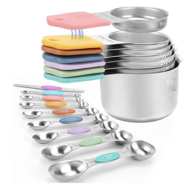 Magnetic Measuring Cups and Spoons Set-Heavy Duty 304 Stainless Steel，Double Measurement Markings，Set of 16 with Leveler for Measure Dry and Liquid Ingredients