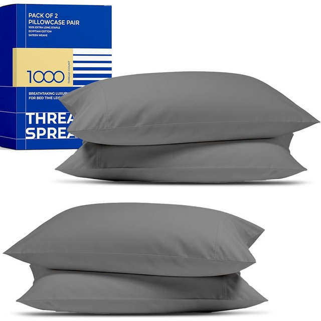 THREAD SPREAD 100% Egyptian Cotton Pillow Cases - High Thread Count Pillowcases Queen/Standard Size Pack of 2, Soft, Breathable Extra Long Staple Sateen Weave Cotton Pillow Cover for Bed - Dark Grey
