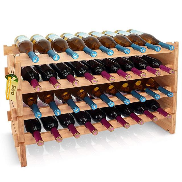 SereneLife 36 Bottle Stackable Wine Rack, 33.5” x 10” x 21” 4-Tier Large Floor Freestanding Modular Wine Bottle Storage Display Shelf Natural Bamboo Wood Construction for Kitchen and Cellar