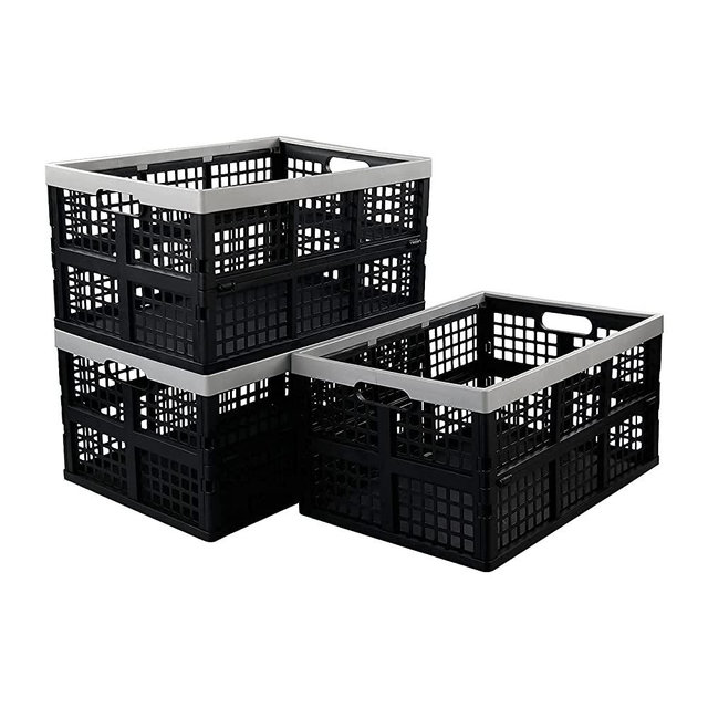 Xyskin 3-Pack 40 L Plastic Collapsible Storage Crate, Folding Plastic Crate, Black