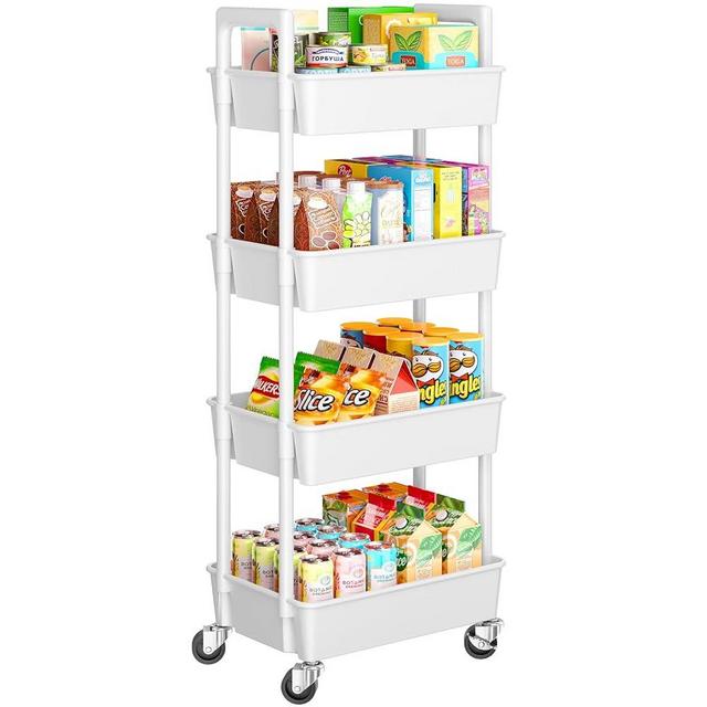 Pipishell 4 Tier Rolling Cart, Plastic Rolling Cart with Lockable Wheels & Reinforced Handle, Lightweight Utility Storage Cart for Nursery, Craft Room, White