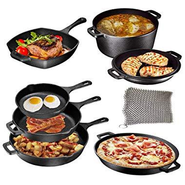 Pre Seasoned Cast Iron 8 Piece Bundle Camping Gift Set, Double Dutch, 16 inch Pizza Pan, 3 Skillets & Square Grill Pan, Camping Cookware Set