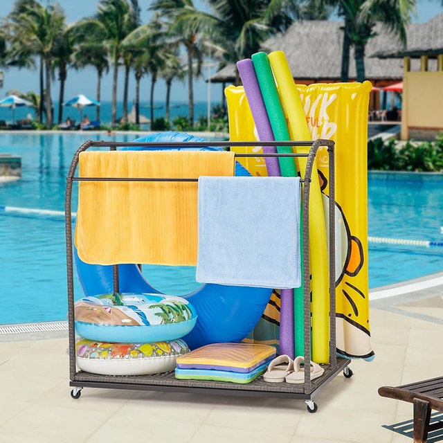 Flarhetoric Rustic Pool Rack, Outdoor/Indoor Towel & Float Storage Rack with 5 Bars & Compartments, Brown