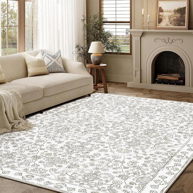 PureCozy Floral Area Rug 6x9 Washable Taupe Carpet Non Slip Large Boho Thin Farmhouse Throw Accent Rug for Living Room Bedroom Office Kitchen Bathroom