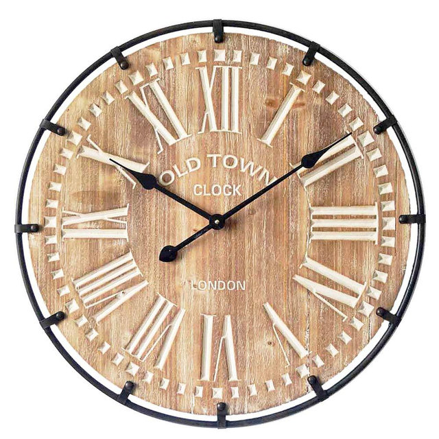 24 Inch Oversized Famhouse Wall Clock, Rustic Antique Wood with Metal Circle and Large Engraved Numerals, Silent Battery Operated for Office Kitchen Bedroom Living Room, Nature