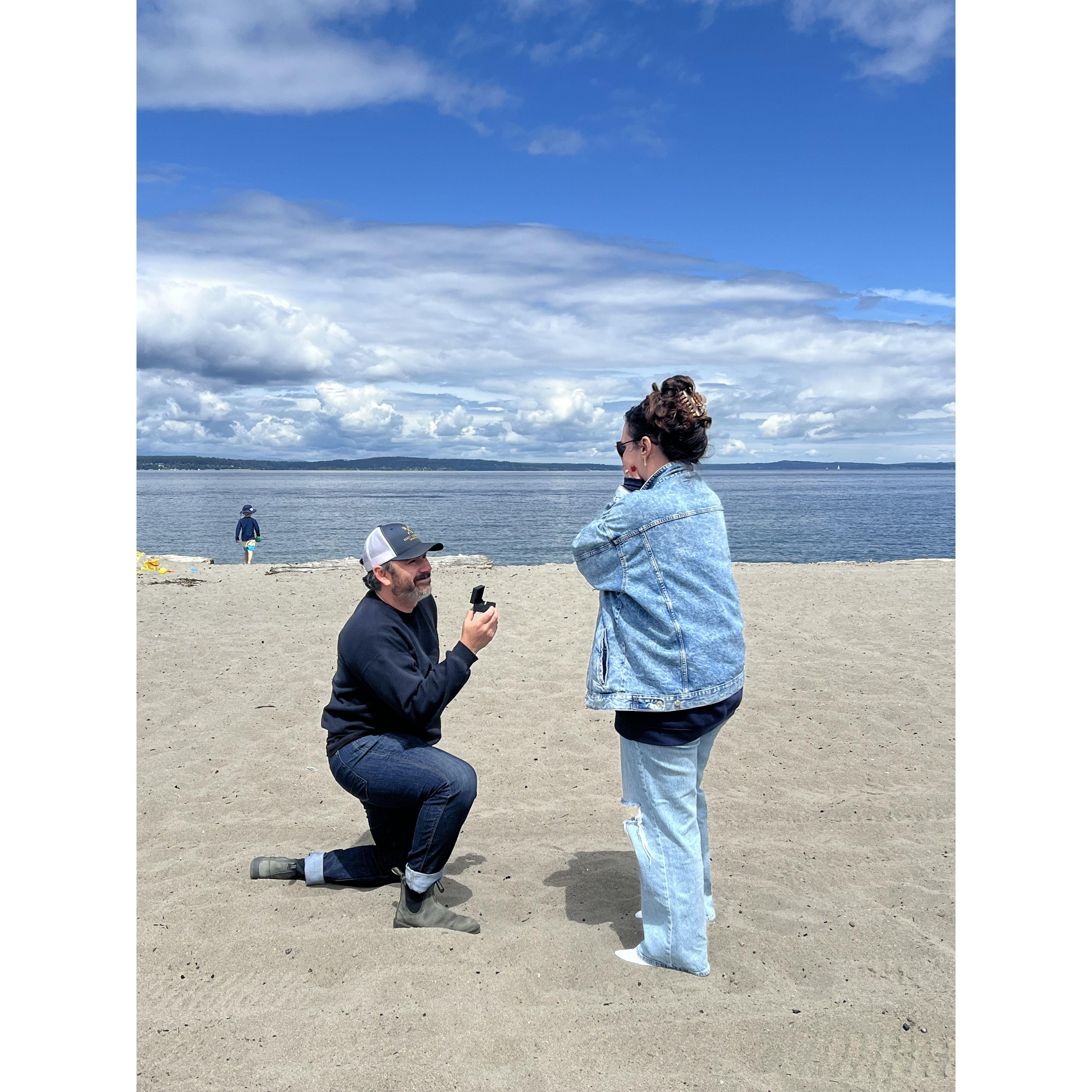 The moment of our proposal! Alkai Beach in West Seattle - June 2024
