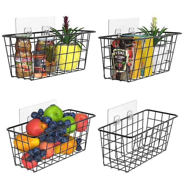 MaraFansie Wall Wire Baskets Over the Cabinet Door Organizer Hanging Basket Shelf for Cabinet & Pantry Organization and Kitchen, Bathroom, Bedroom Storage, with Adhesive, 4 Pack