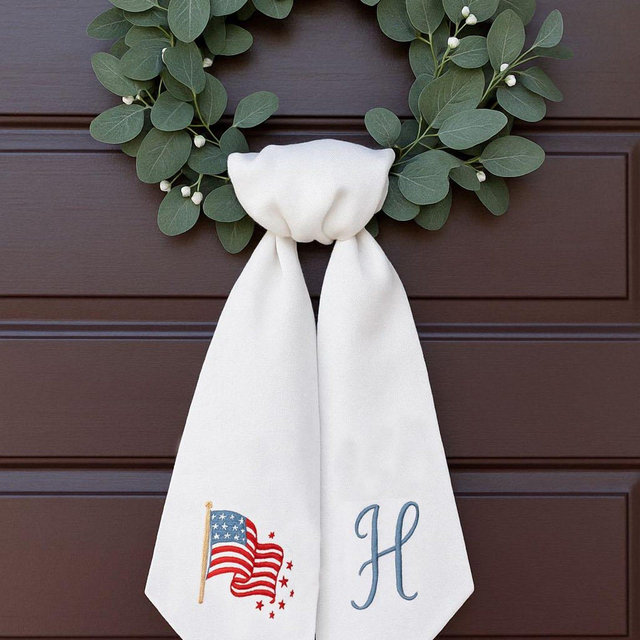 Personalized Flag Hand Embroidered Patriotic Wreath Sash, Handmade Linen Wreath Bow, 4th of July/Memorial Day Door Decor, Housewarming Gift