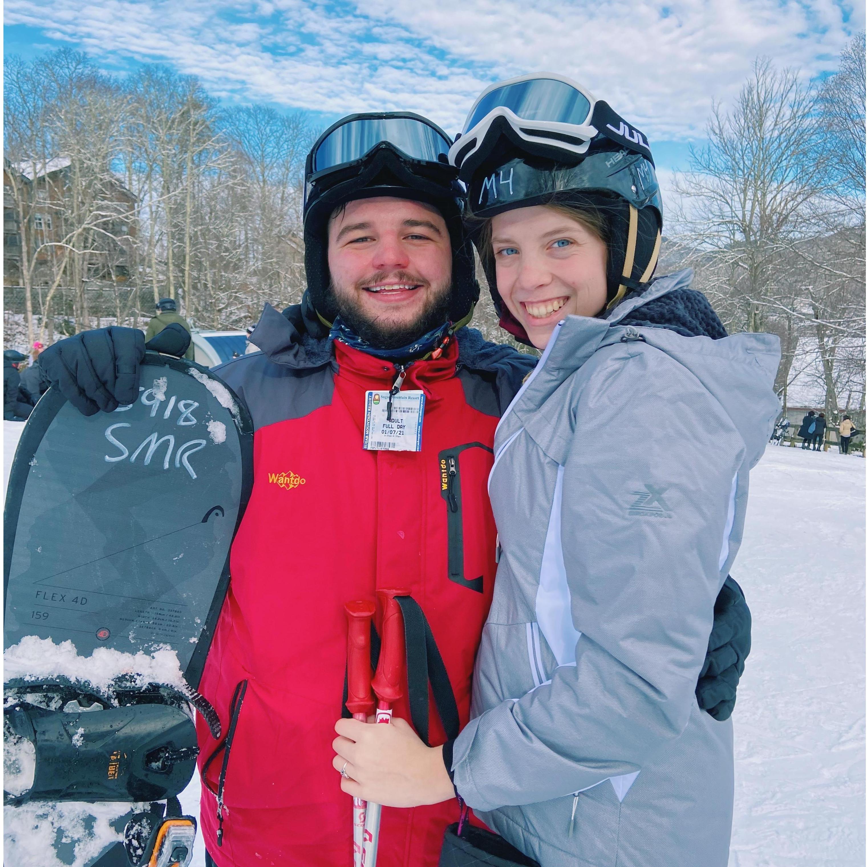 Meg skiing, Sawyer trying