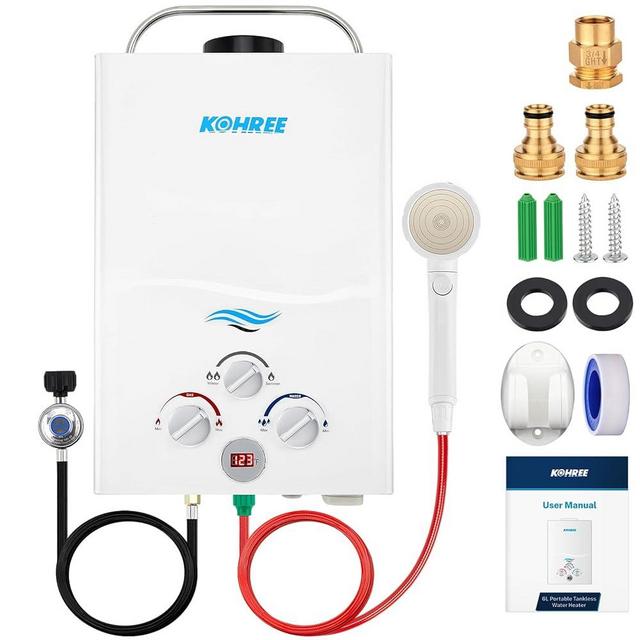 Kohree Tankless Water Heater Propane, 6L 1.58 GPM Portable Tankless Water Heater with Handle, On Demand Instant Hot Water Heater with Overheating Protection, for RV Camping, Outdoor Shower, White