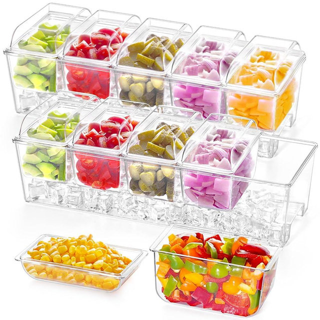 Lifewit 2 Pack Ice Chilled Condiment Caddy with 5 Containers(2.5 Cup), Condiment Server with Separate Lids, Serving Tray Platter for Bar Accessories, Fruit, Salad, Taco, Party Garnish