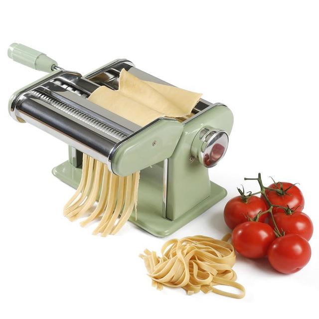 Sur La Table Kitchen Essential Pasta La Vista Manual Pasta Maker Machine Noodle Maker w/Rollers & Cutters - Spaghetti, Fettuccini, Lasagna or Dumpling Skin - Stainless Steel/Juniper Green