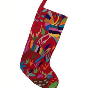 Otomi Embroidered Handmade Stockings - Red with Multi