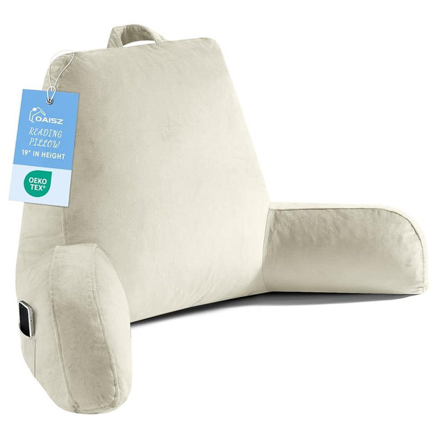 OAISZ Reading Pillow for Sitting in Bed Adult, Reading Pillow with Shredded Memory Foam, Bed Pillow with Washable Cover, Back Pillow Sitting Up with Extend Arms, Beige, X-Large