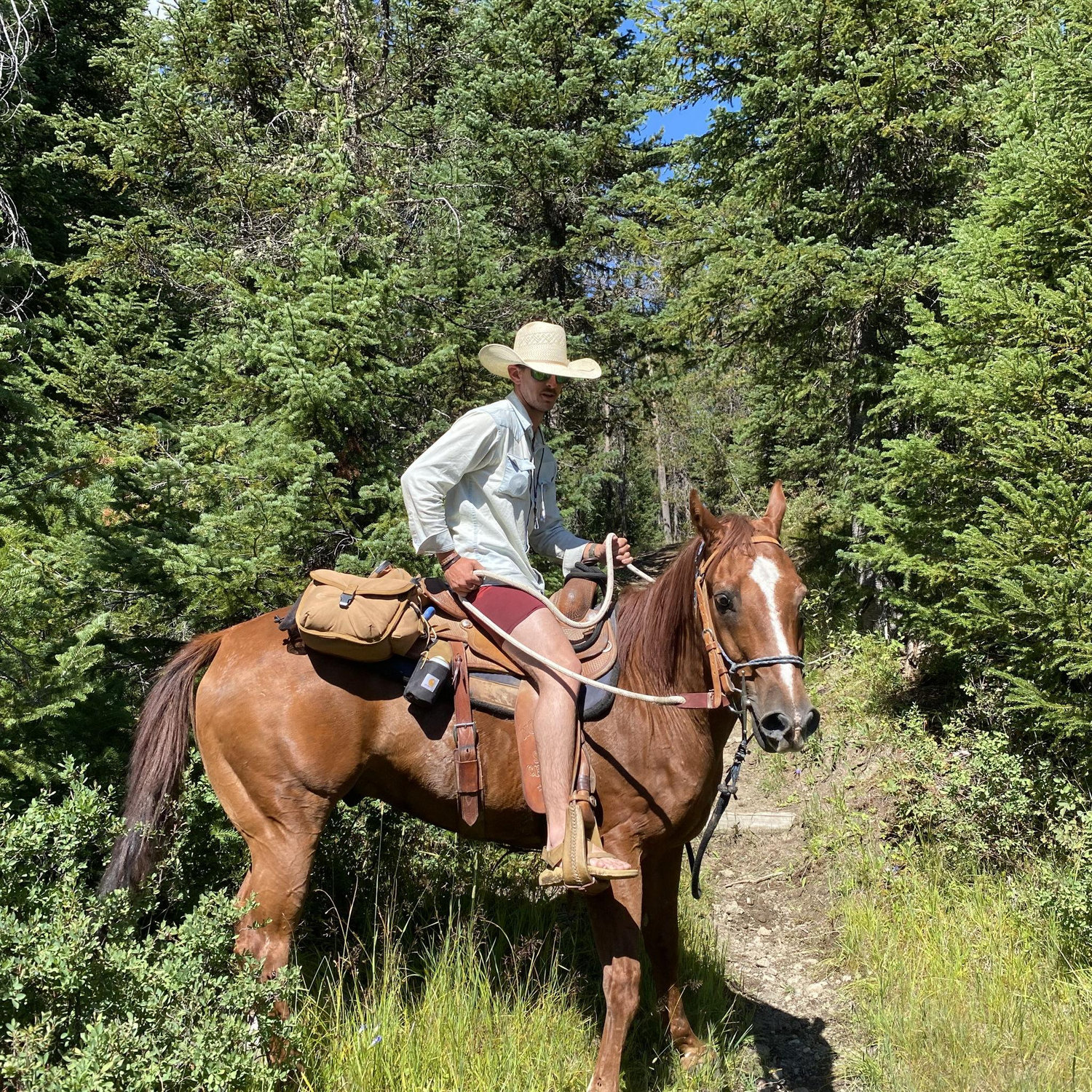 Gabe riding Skittles in his underwear in Yellowstone NP