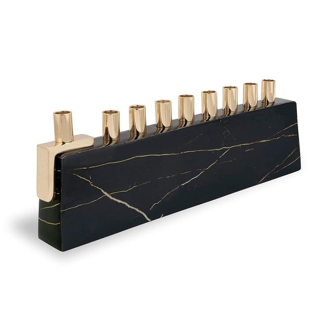Elegant Decorative Hanukkah Candle Menorah Aluminum Wrapped with Marble Decal (Black/Gold) & Brass Candle Cups Fits Standard Chanukah Candles - Landscape Minorah by Zion Judaica