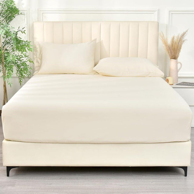 PHF 100% Rayon Derived from Bamboo Fitted Sheet Queen Size, 16" Deep Pocket,2.5cm Wider Strong Elastic Easy Fit, Breathable Silky Soft Skin-Friendly for Hot Sleeper, 60"x 80",Cream,No Pillowcases