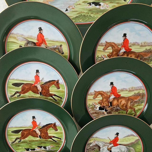 EQUESTRIAN HEAVEN. 22 and more Vintage Fitz & Floyd TALLYHO Japan Fine Porcelain Luncheon, Salad, Appetizer Dishes. Sold Sets of 4 and 1.