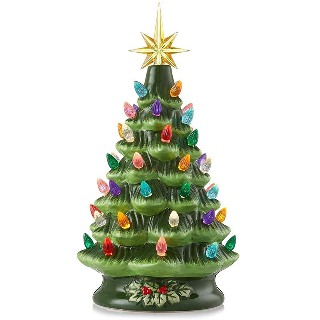 Casafield Hand Painted Ceramic Christmas Tree, Green 12-Inch Pre-Lit Tree with 100 Multi Color Lights and 2 Star Toppers