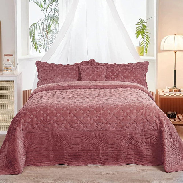 Home Soft Things Oversized King 4 Piece Faux Fur Quilted Tatami Bedspread Bedding Set, Soft Plush Warm Breathable Durable Quilt Coverlet Set with Matching Shams Pillows, 120" x 120", Dusty Cedar