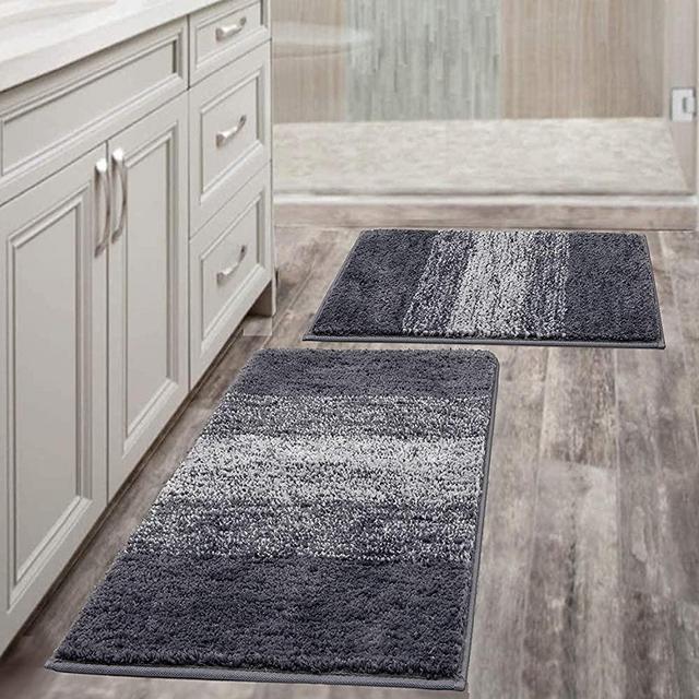 Vaukki Luxury Soft Bathroom Rugs Set of 2, Non Slip Washable Plush Bath Floor Mats, Microfiber Shaggy Absorbent Striped Bath Carpet for Tub, Bathroom and Shower (18''x26''+20''x32'', Grey)