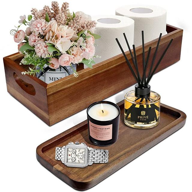 Handmade Toilet Tank Basket Topper & Vanity Tray Set of Natural Acacia Wood by DEMIGO, Created by Skilled Artisans, Smooth, Durable, Attractive Decor for Bathroom, Kitchen, Home, Spa