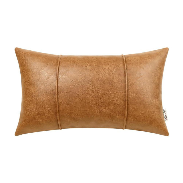 BRAWARM Tan Leather Throw Pillow Covers 12 X 20 Inches - Faux Leather Lumbar Pillow Cover with Piping, Hand Stitched Faux Leather Throw Pillow for Couch Sofa Bed Living Room Home Decorative