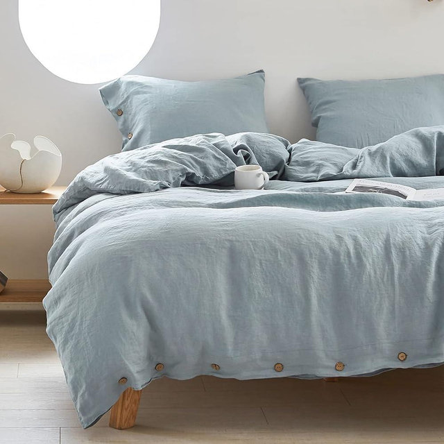 Simple&Opulence 100% Linen Duvet Cover Set 3pcs with Coconut Button Closure Natural French Washed Flax Solid Color Soft Breathable Farmhouse Bedding - Dusty Blue, Queen Size
