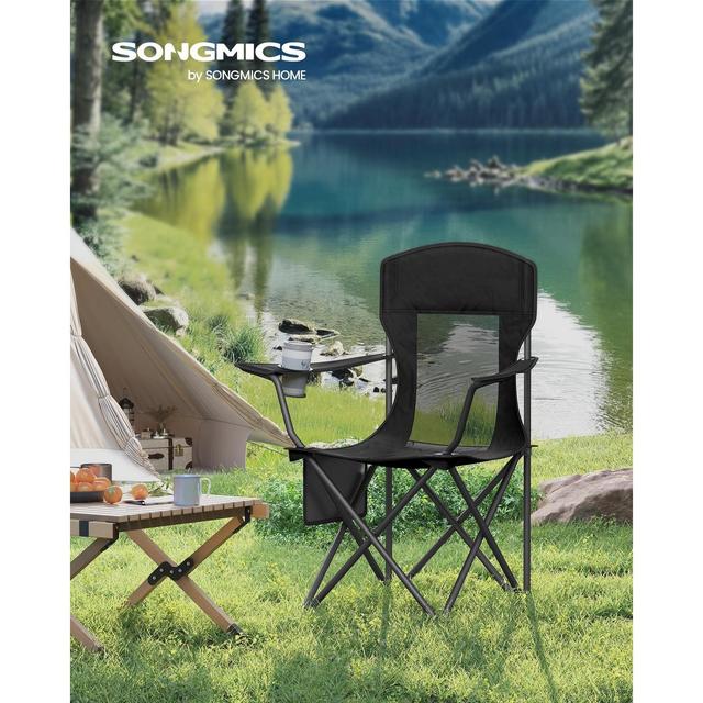 Set of 2 Ink Black Camping Chairs - Foldable, High Back with Adjustable Armrests & Drink Holder. 330 lb Weight Capacity