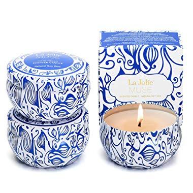LA JOLIE MUSE Citronella Candles Outdoor Set 3 - Natural Scented Soy Wax Candle Travel Tin 19.5oz, Indoor Gift