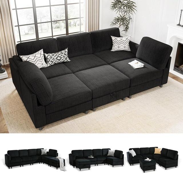 KKL Modular Sectional Sofa Bed with Storage Ottoman, Convertible L/U-Shaped Sleeper Couch for Living Room, Modern Reversible Design, Black