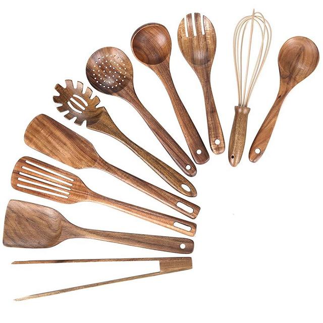 Kitchen Wooden Utensils for Cooking, Nonstick Wood Utensil Natural Teak Wood Spoons for Cooking,Kitchen Utenails Set,Wooden Kitchen Utensil Set With Spatula and Ladle (10)