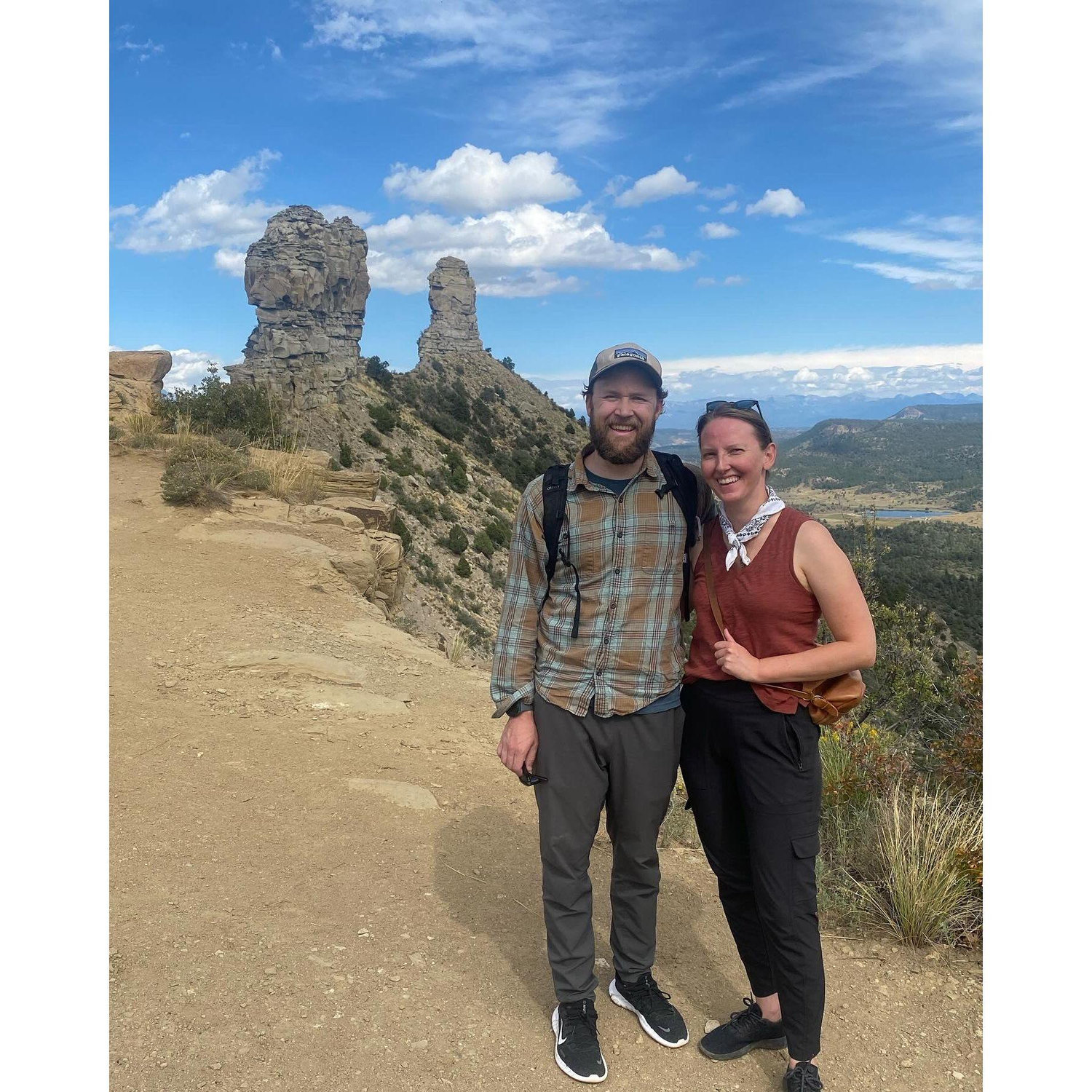At Chimney Rock in Colorado, road-tripping out to Betty and Erika's wedding