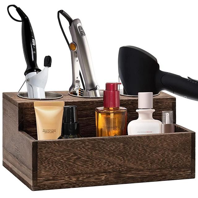 Wooden Hair Dryer Holder - Rustic Hair Tools Organizer with 3 Circular Holes and 1 Compartment, Wooden Hair Accessories Organizer for Bathroom Vanity Countertop Storage Hair Dryer, Accessories