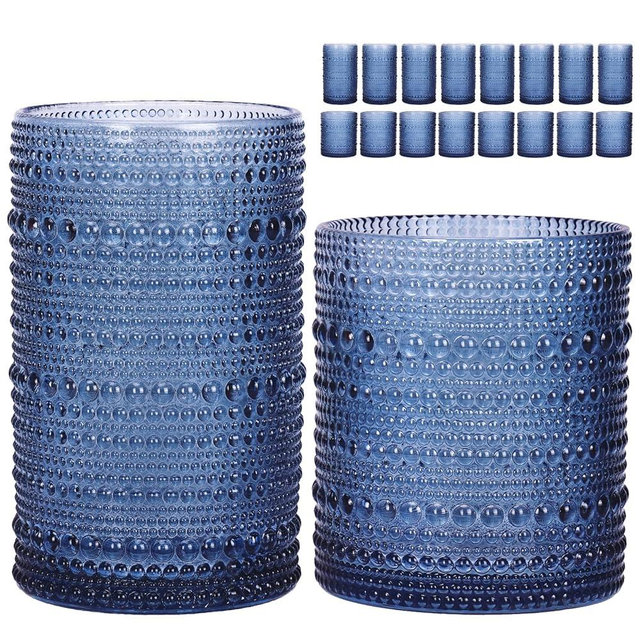 Moretoes Hobnail Drinking Glasses Set of 16, 12 Oz Highball Glasses & 10 Oz Cocktail Glasses, Clear Embossed Boho Glass Cups Kitchen Bar Tumbler Glassware Set for Whiskey, Beer, Juice, Milk (Blue)