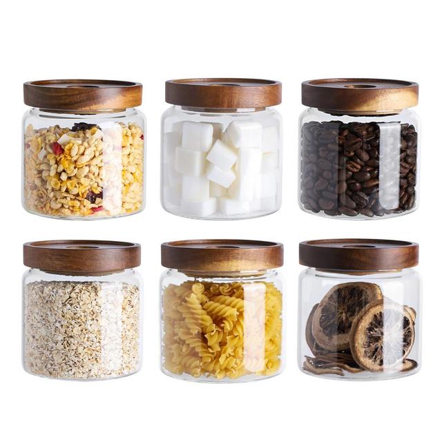 Kanwone Glass Storage Jars Set of 6, 17 Ounce Airtight Food Storage Containers with Bamboo lids, Clear Glass Canisters for Pantry, kitchen, Flour, Sugar, Tea, Coffee, Snack, Spice and Herbs airtight food storage containers